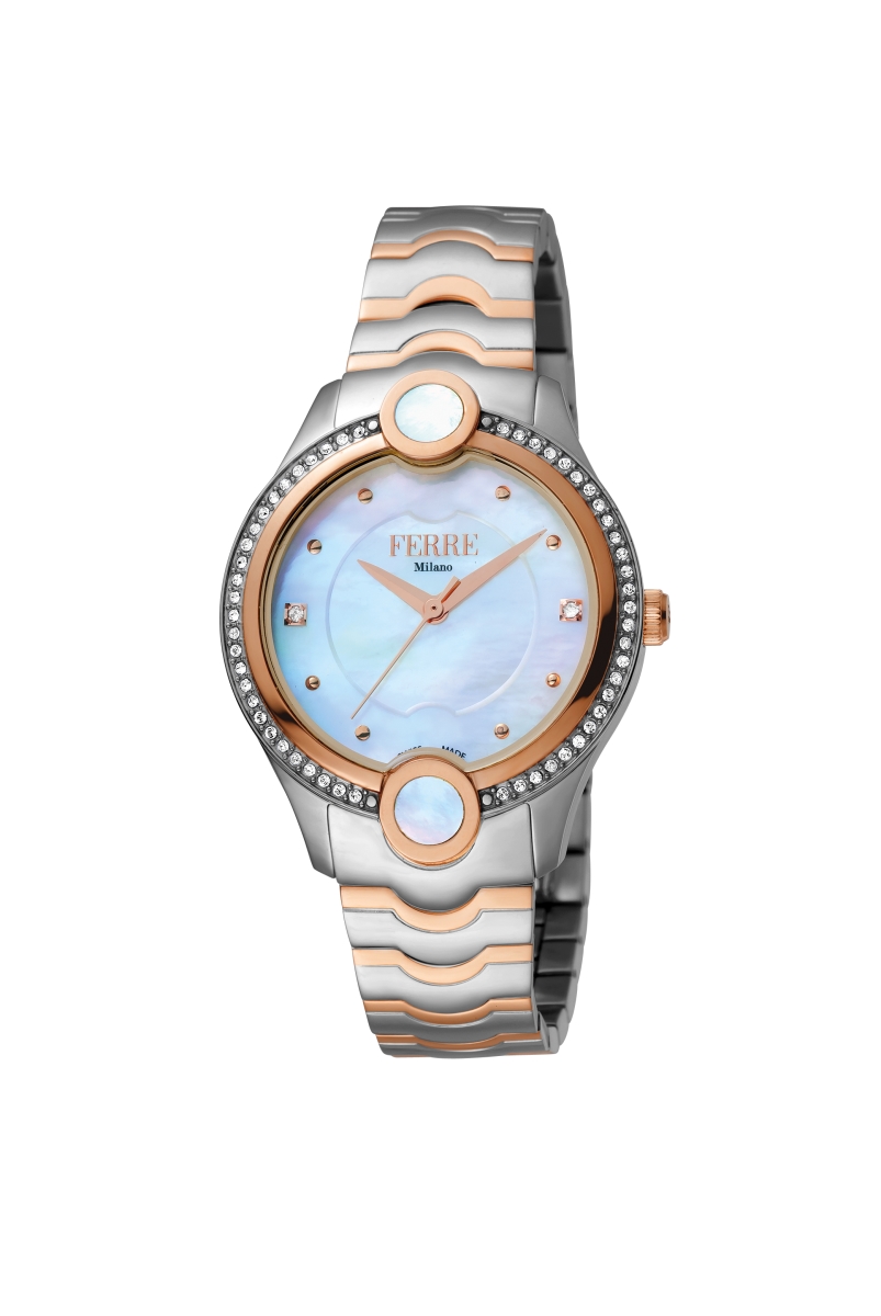 Picture of Ferre Milano FM1L082M0031 Womens Swiss Made Quartz Two Tone Gold Bracelet Watch with White Mother of Pearl Dial