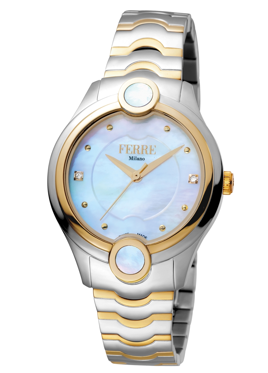 Picture of Ferre Milano FM1L083M0071 Womens Swiss Made Quartz Two Tone Gold Bracelet Watch with White Mother of Pearl Dial