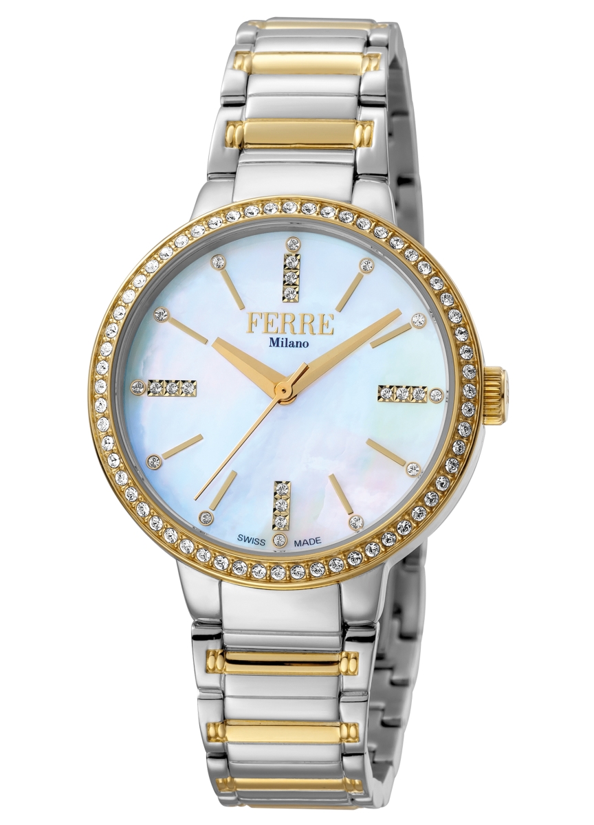 Picture of Ferre Milano FM1L084M0101 Womens Swiss Made Quartz Two Tone Gold Bracelet Watch with White Mother of Pearl Dial
