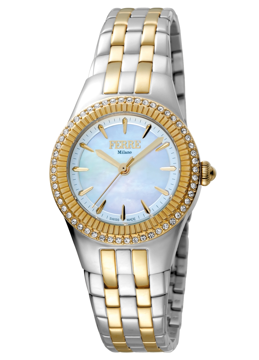 Picture of Ferre Milano FM1L089M0091 Womens Swiss Made Quartz Two Tone Gold Bracelet Watch with Light Blue Dial