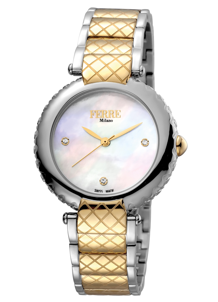 Picture of Ferre Milano FM1L099M0081 Womens Swiss Made Quartz Two Tone Gold Bracelet Watch with White Mother of Pearl Dial