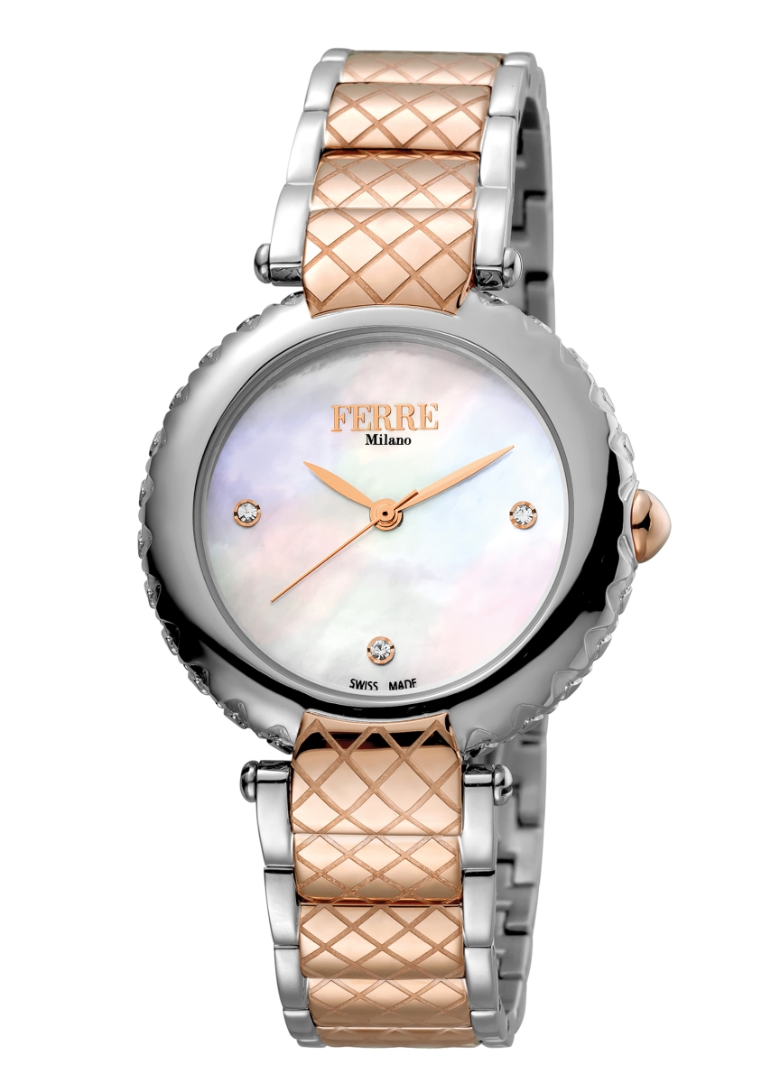 Picture of Ferre Milano FM1L099M0091 Womens Swiss Made Quartz Two Tone Rose Gold Bracelet Watch with White Mother of Pearl Dial