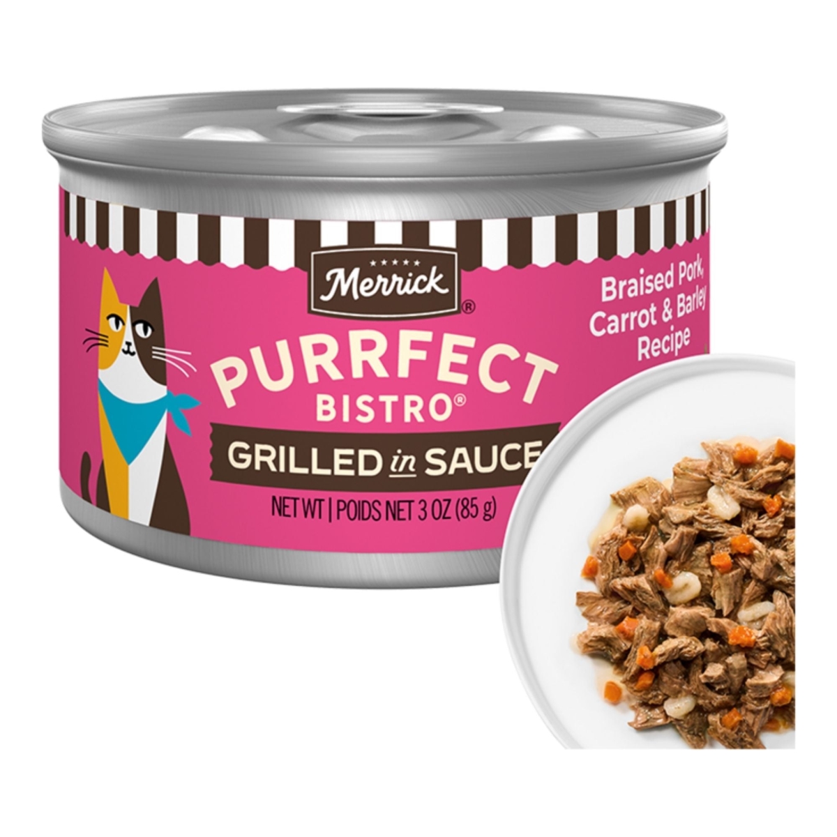 22808000907 Cat Purrfect Bistro Delicious Premium High Protein Braised Pork, Carrot & Barley Recipe Grilled in Gravy, 3 oz - Case of 24