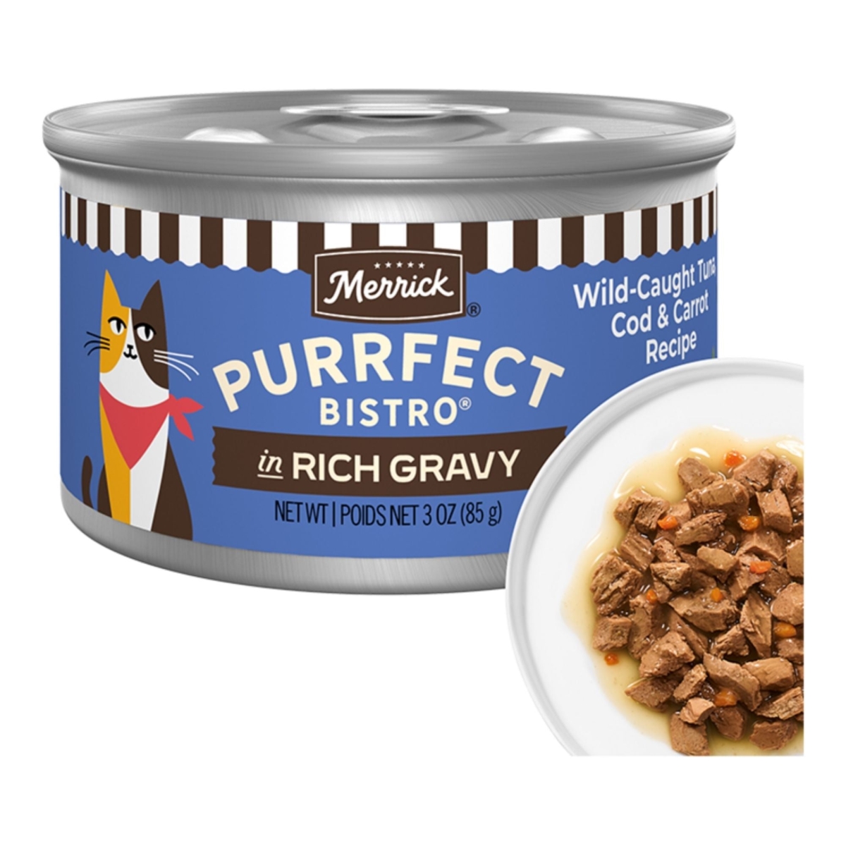22808000808 Cat Purrfect Bistro Delicious Premium High Protein Wild-Caught Tuna, Cod & Carrot Recipe in Gravy, 3 oz - Case of 24