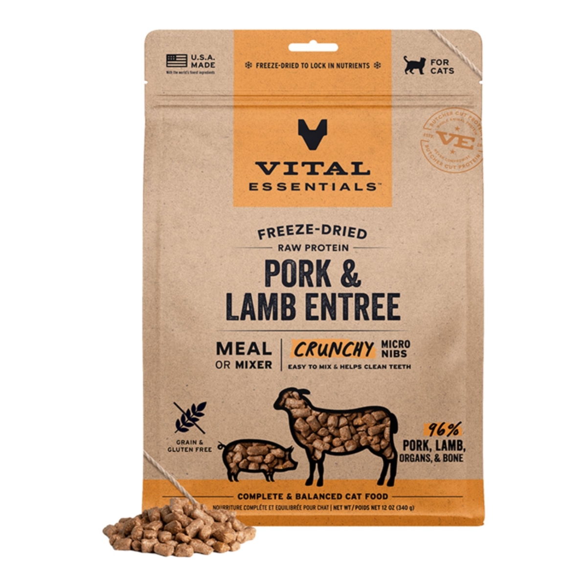 840199690206 12 oz Freeze-Dried Raw Micro Nibs Cat Food, Pork & Lamb Entree
