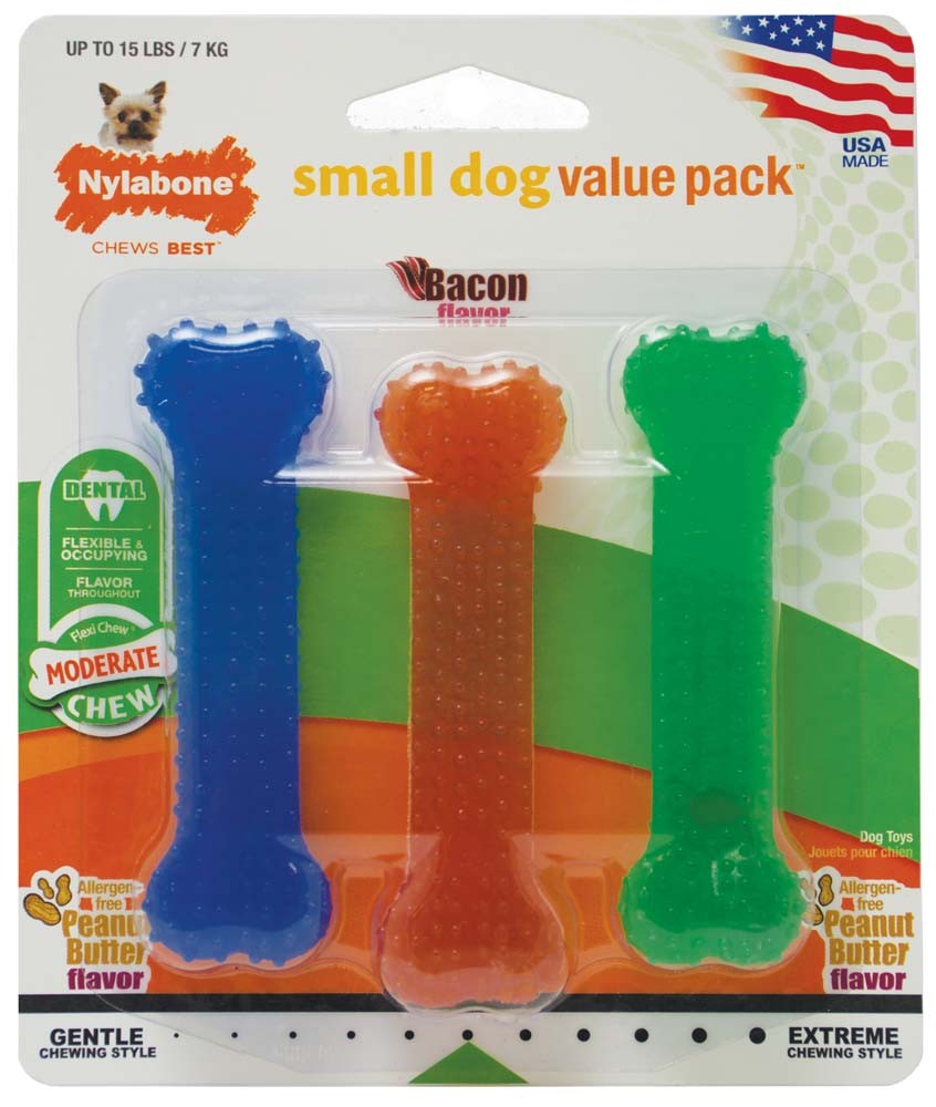 Picture of Nylabone 018214841098 Flexi Chew 2 Peanut Butter, 1 Bacon Dog Toy, Petite - Pack of 3