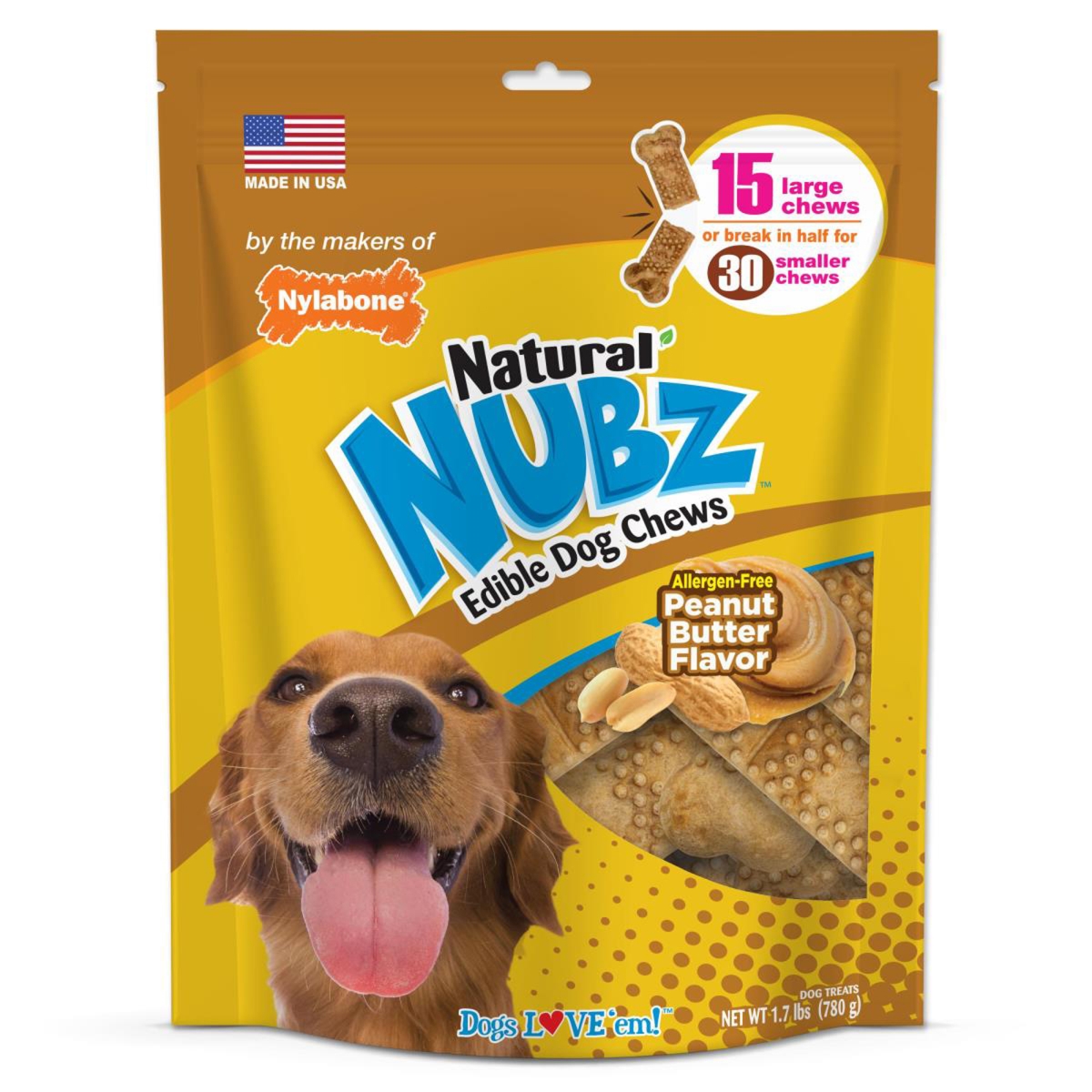 Picture of Nylabone 018214850120 Allergen-Free Peanut Butter Flavor Nubz Natural Dog Treats, Large - 15 Count
