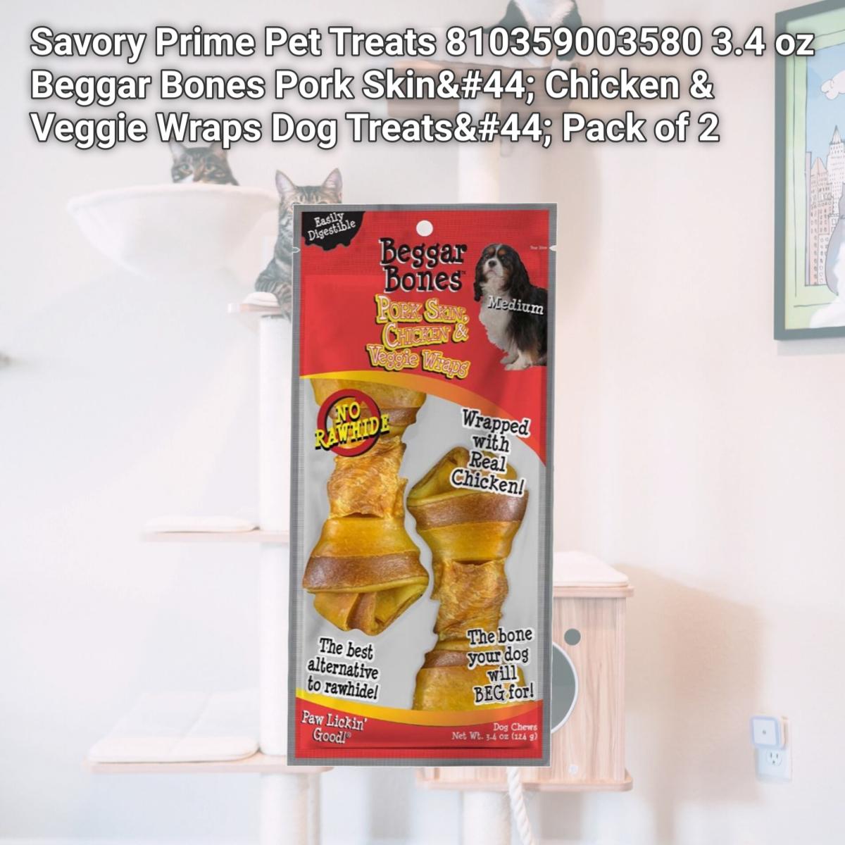 Picture of Savory Prime Pet Treats 810359003580 3.4 oz Beggar Bones Pork Skin&#44; Chicken & Veggie Wraps Dog Treats&#44; Pack of 2