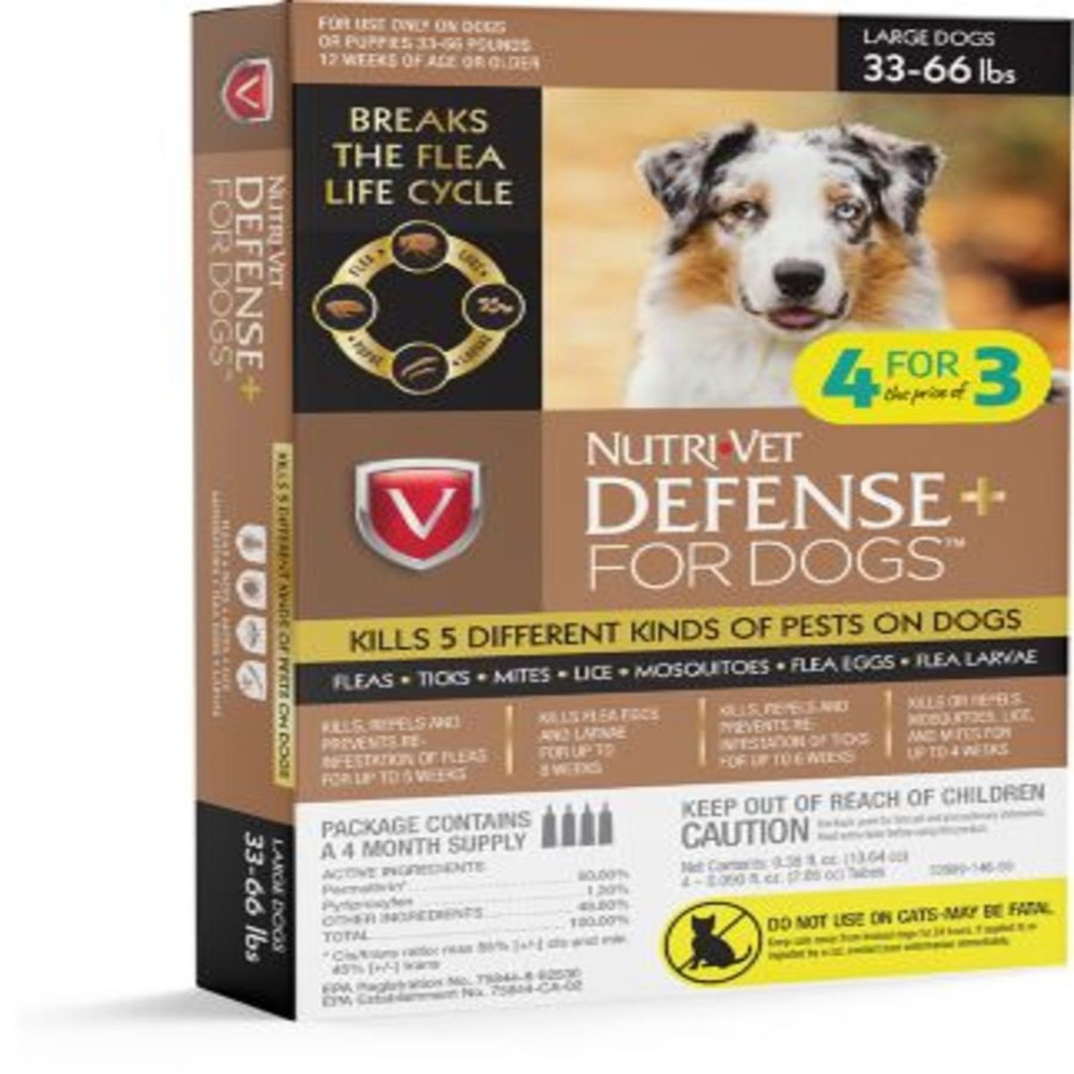 Picture of Nutri-Vet 669125539743 DefensePlus Flea & Tick for Dogs - Large - 33-66 lbs - Pack of 4