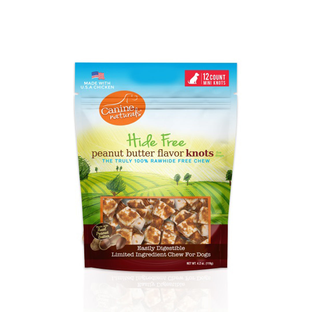 Picture of Canine Naturals 813432012714 Hide Freepeanut Butter Mini Knot - Pack of 12