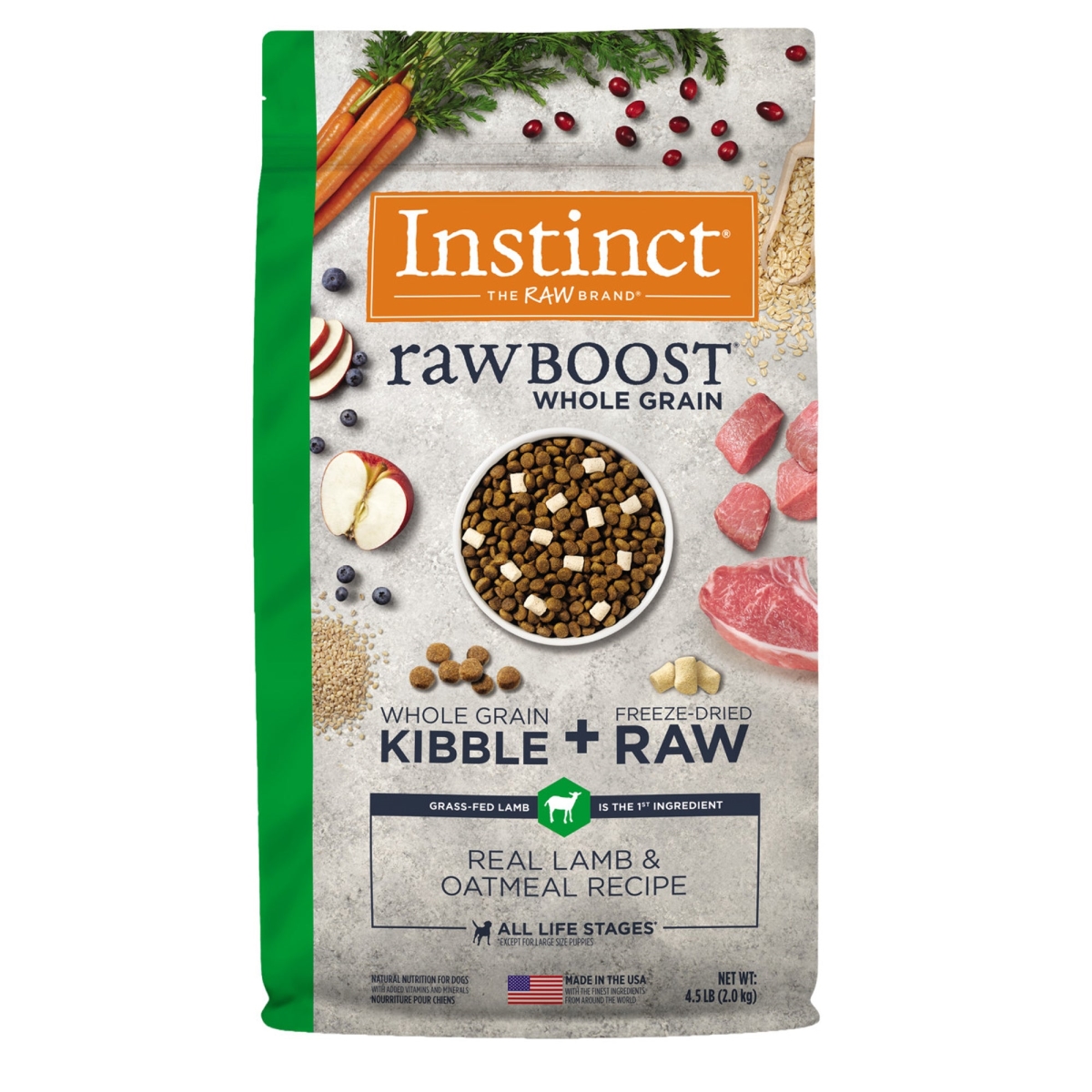 Picture of Natures Variety 769949652984 4.5 lbs Raw Boost Whole Grain Lamb Oatmeal Instinct Dog Food - Case of 4