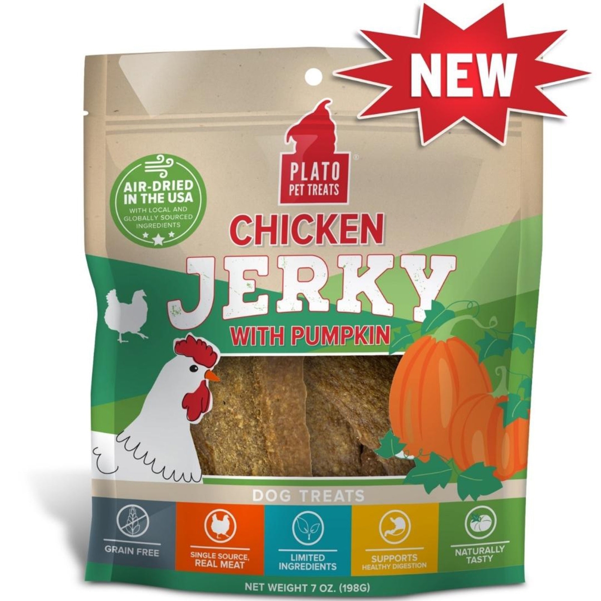 Picture of Plato Pet Treats 850016076779 16 oz Jerky Chicken with Pumpkin Dog Treat