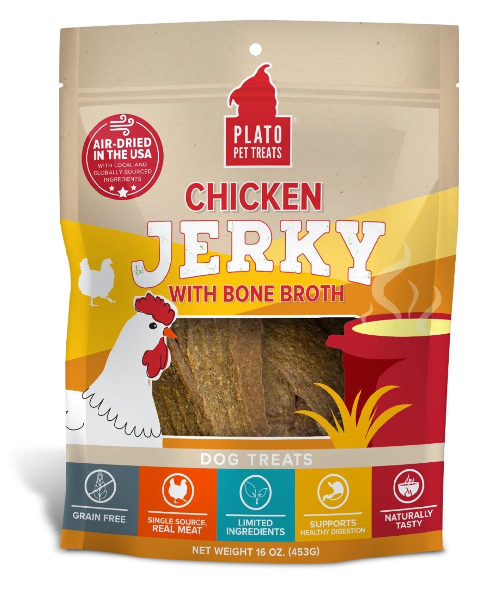 Picture of Plato Pet Treats 850016076793 16 oz Dog Jerky Chicken with Bone Broth Treats