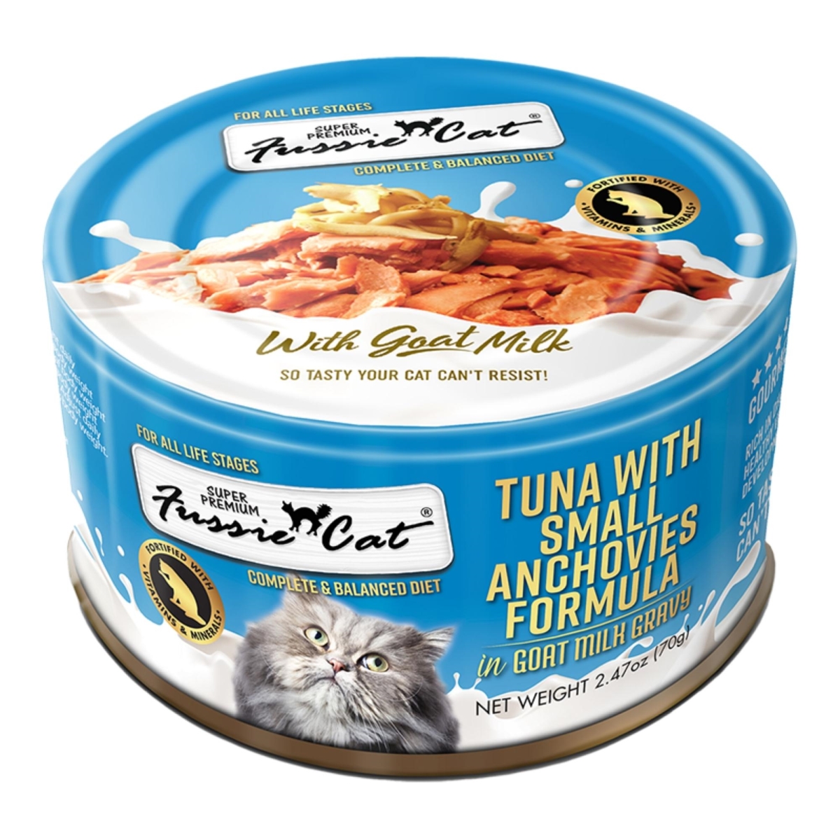 Picture of Fussie Cat 888641133529 2.47 oz Premium Tuna with Small Anchovies in Goat Milk Gravy