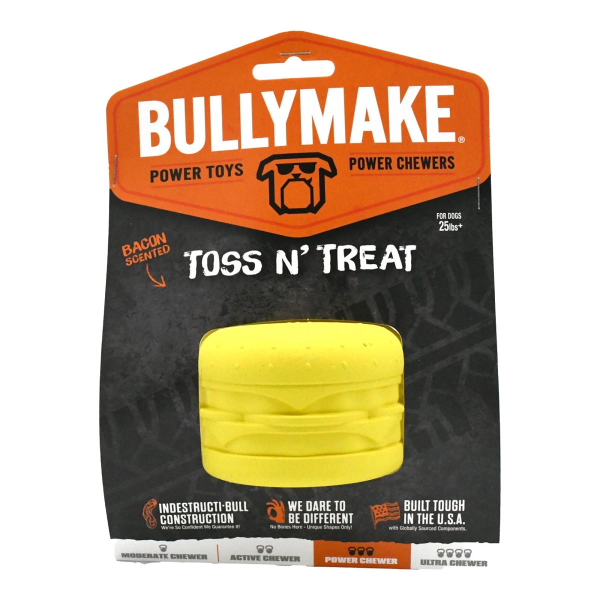 Picture of BullyMake 669125001615 Toss N Treat Flavored Dog Chew Toy - Cheeseburger&#44; Bacon - One Size