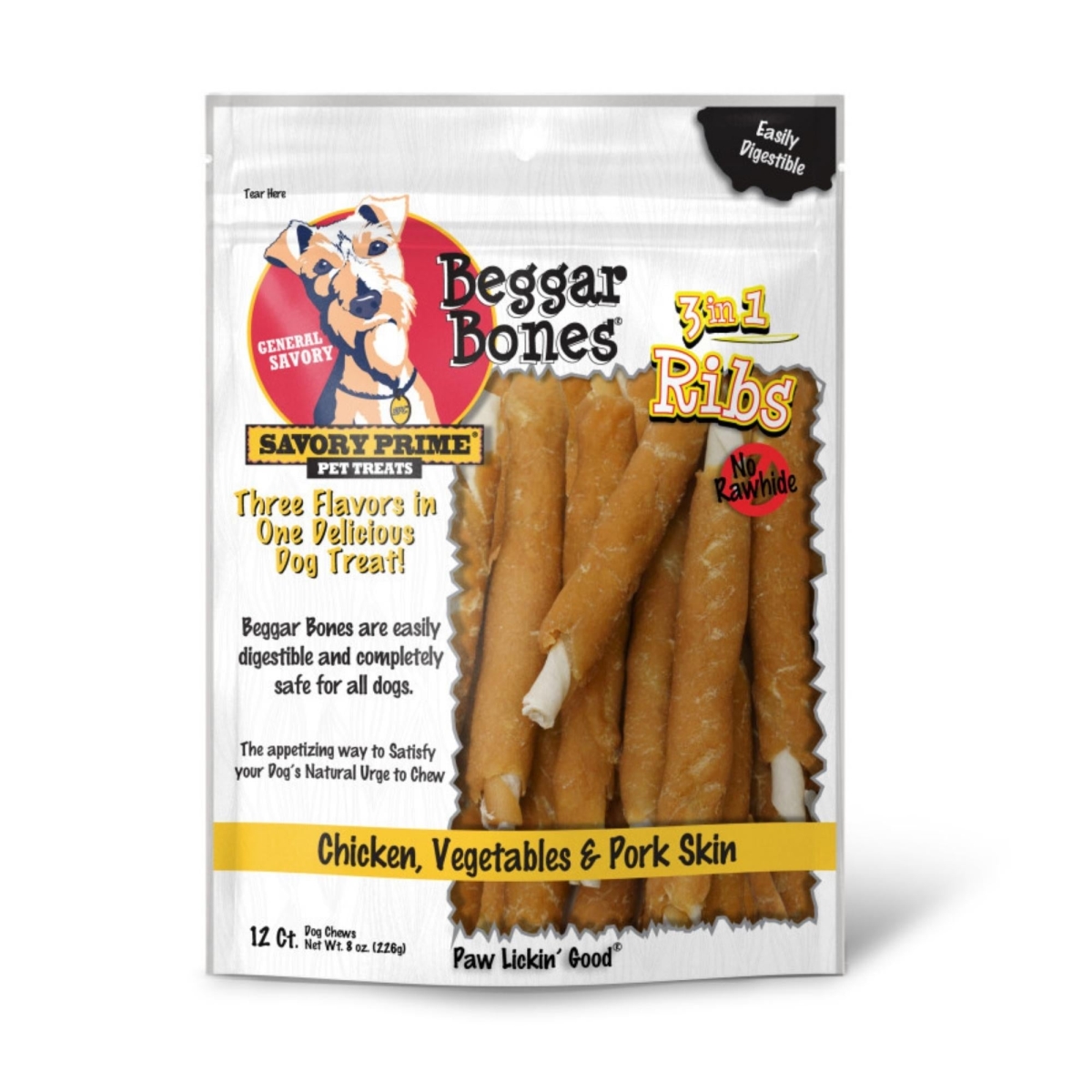 Picture of Savory Prime 810359004624 Beggar Bone 3-in-1 Ribs Dog Treat - Chicken&#44; Vegetable & Pork - 12 Count