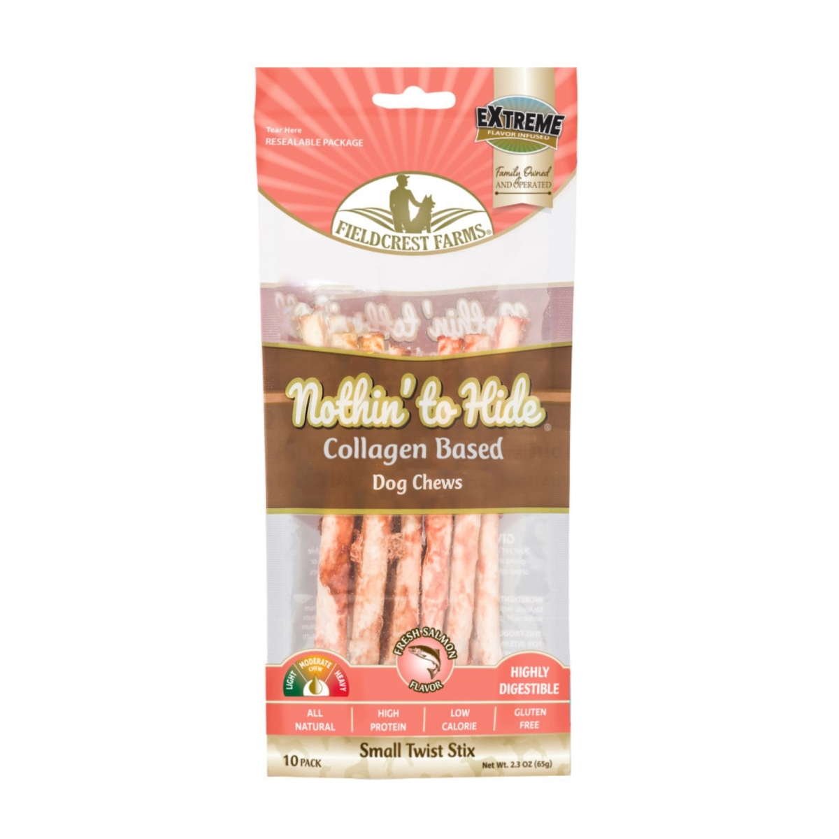 Picture of Fieldcrest Farms 810002633447 Nothin to Hide Collagen Twist Stix Dog Chew - Salmon - Small - Pack of 10