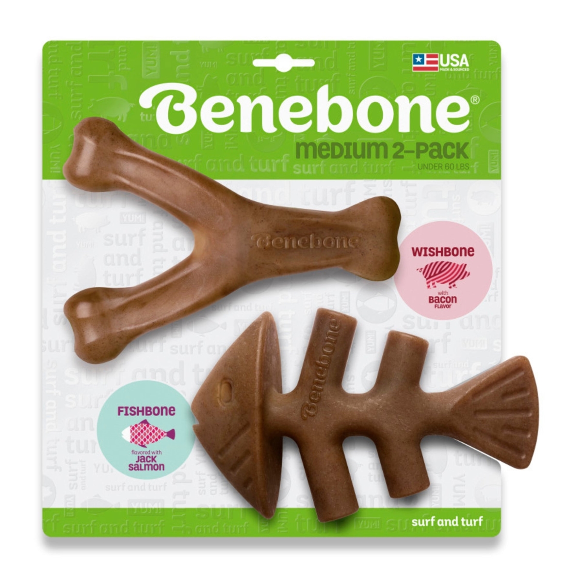 Picture of Benebone 810054210313 Fishbone & Wishbone Dog Chew Toy - Bacon - Medium - Pack of 2