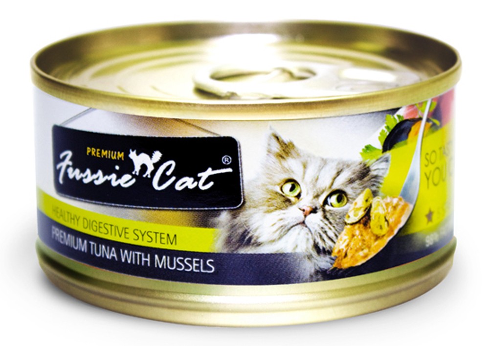 Picture of Fussie Cat 888641130573 2.82 oz Premium Tuna with Mussels Formula in Aspic - Case of 24