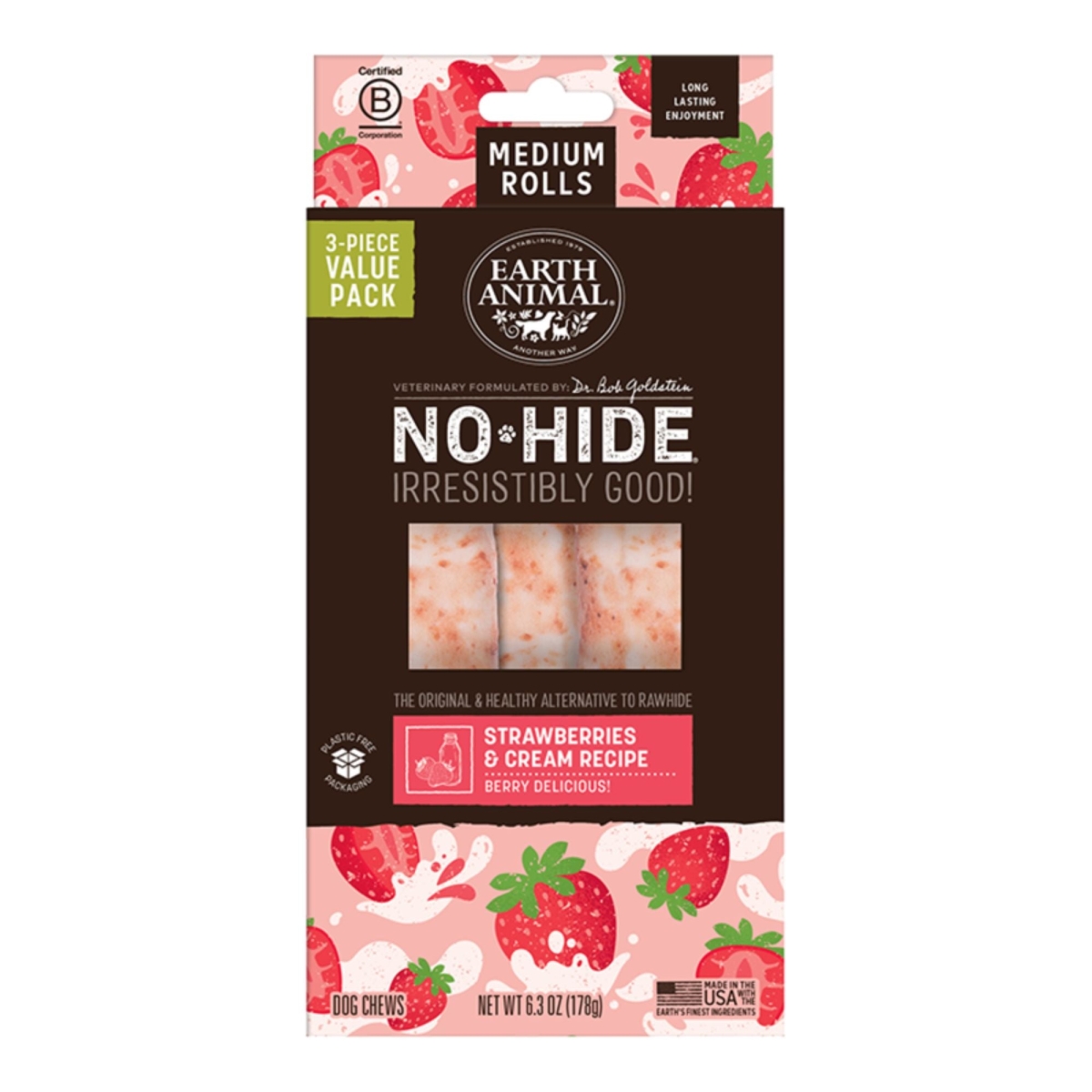 810132876035 No-Hide Original Collection Strawberries & Cream Rolls for Dog - Medium - Pack of 3
