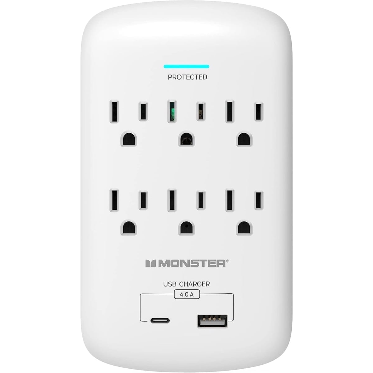 ME-5003W 1200W Wall Tap Surge Protector with 6 AC Outlets, 1 USB-A & 1 USB-C - White