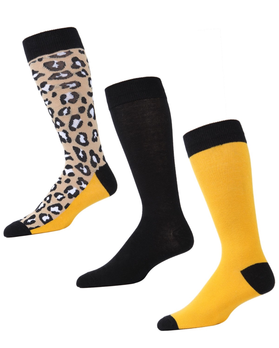 MMS4-610-99850-10 13 Mens Leopard Pane Crew Socks , Black & Yellow - Size 10-13 - Pack of 3 -  Memoi