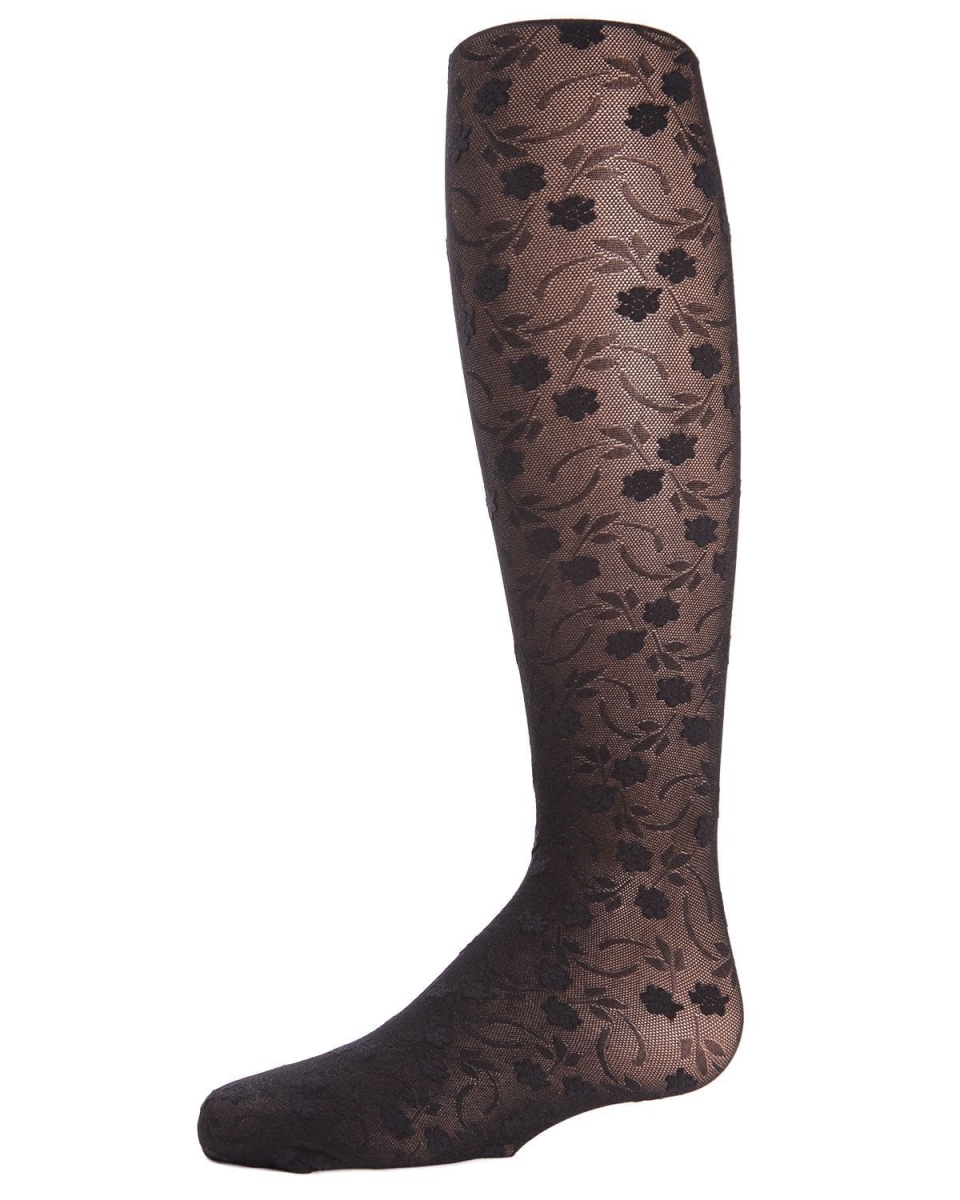 Picture of Memoi MK-212-00001-10-12 Sweet Blossoms Girls Sheer Floral Lace Tights&#44; Black - Size 10-12