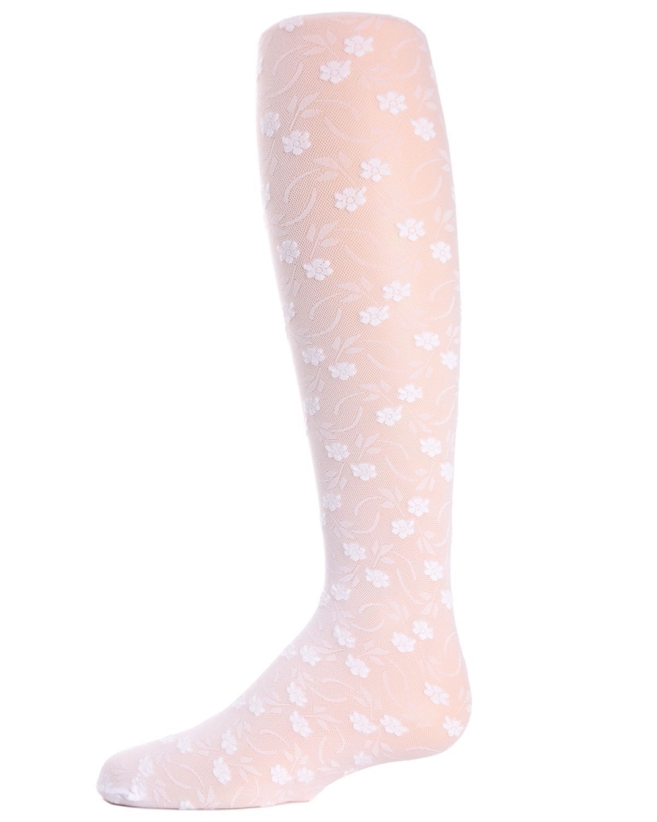 Picture of Memoi MK-212-10103-10-12 Sweet Blossoms Girls Sheer Floral Lace Tights, White - Size 10-12