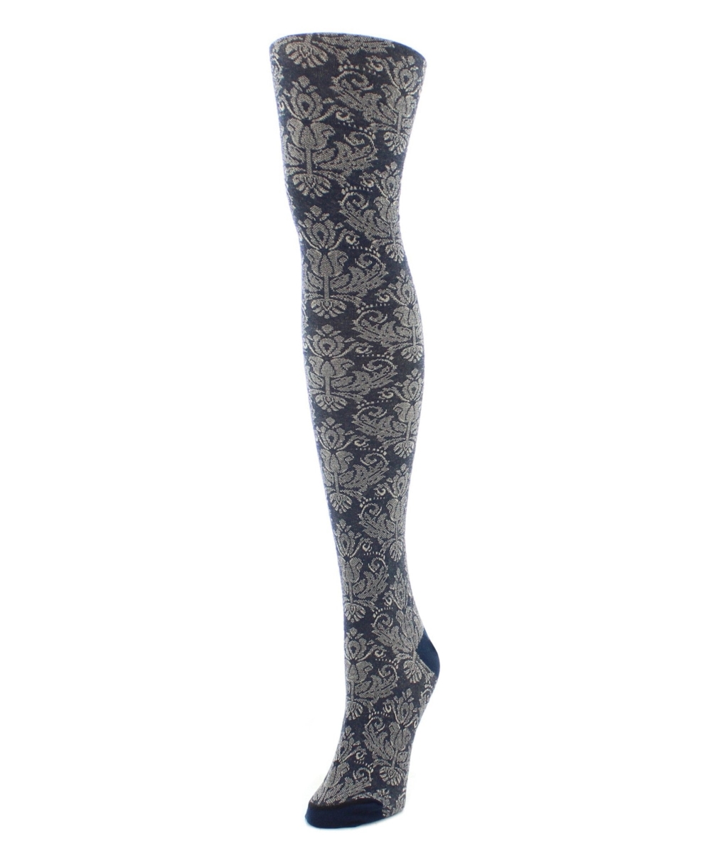 MF6-105-40121-S-M Baroque Patterned Sweater Tights for Womens, Navy Blazer - Small-Medium
