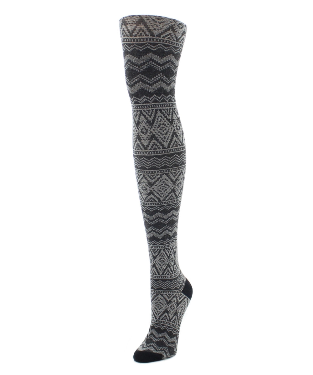 MF6-110-00001-S-M Diamond Fair Isle Patterned Sweater Tights for Womens, Black - Small-Medium