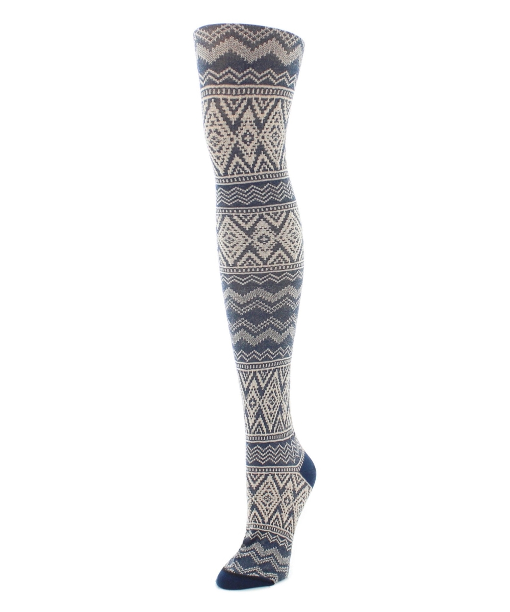 Diamond Fair Isle Patterned Sweater Tights for Womens - Navy Blazer - Medium-Large