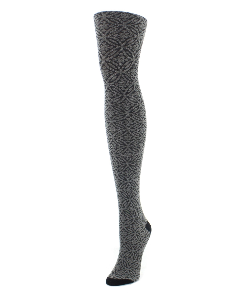 Women's Flattering Floral and Circular Pattern Sweater Tights - Black / Small/Medium