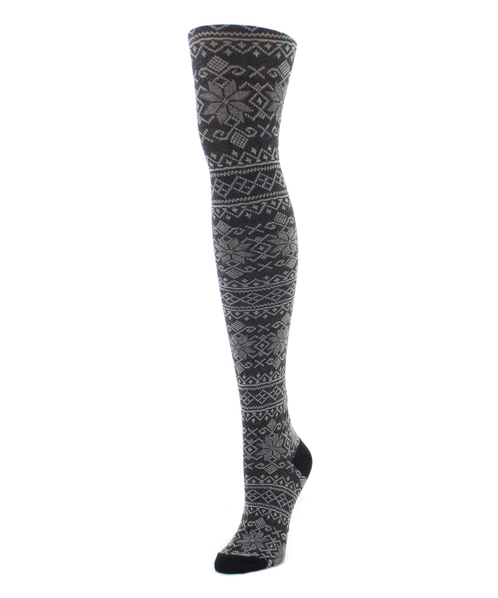 MF6-119-00001-S-M Holiday Snowflake Patterned Sweater Tights for Womens, Black - Small-Medium