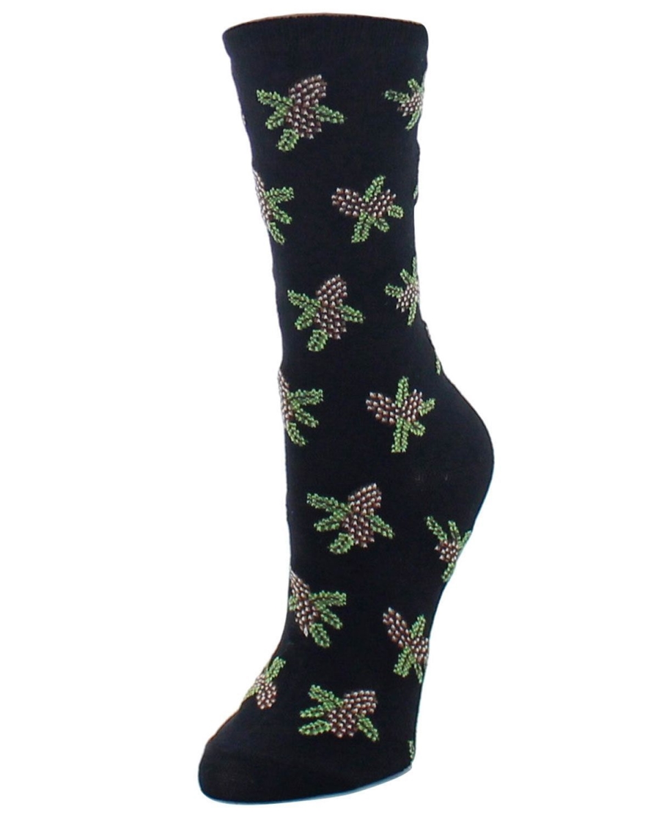 MF6-909-00001-OS Pinecones Novelty Crew Sock for Womens, Black - One Size