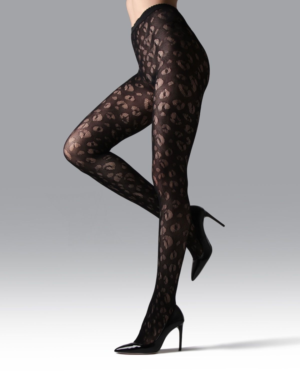 NTN05437-00001-XL Leopard Net Tights for Womens, Black - Extra Large