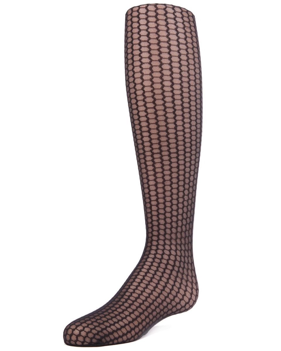 Honeycomb Sheer Girls Tights - Black - Size 8-10