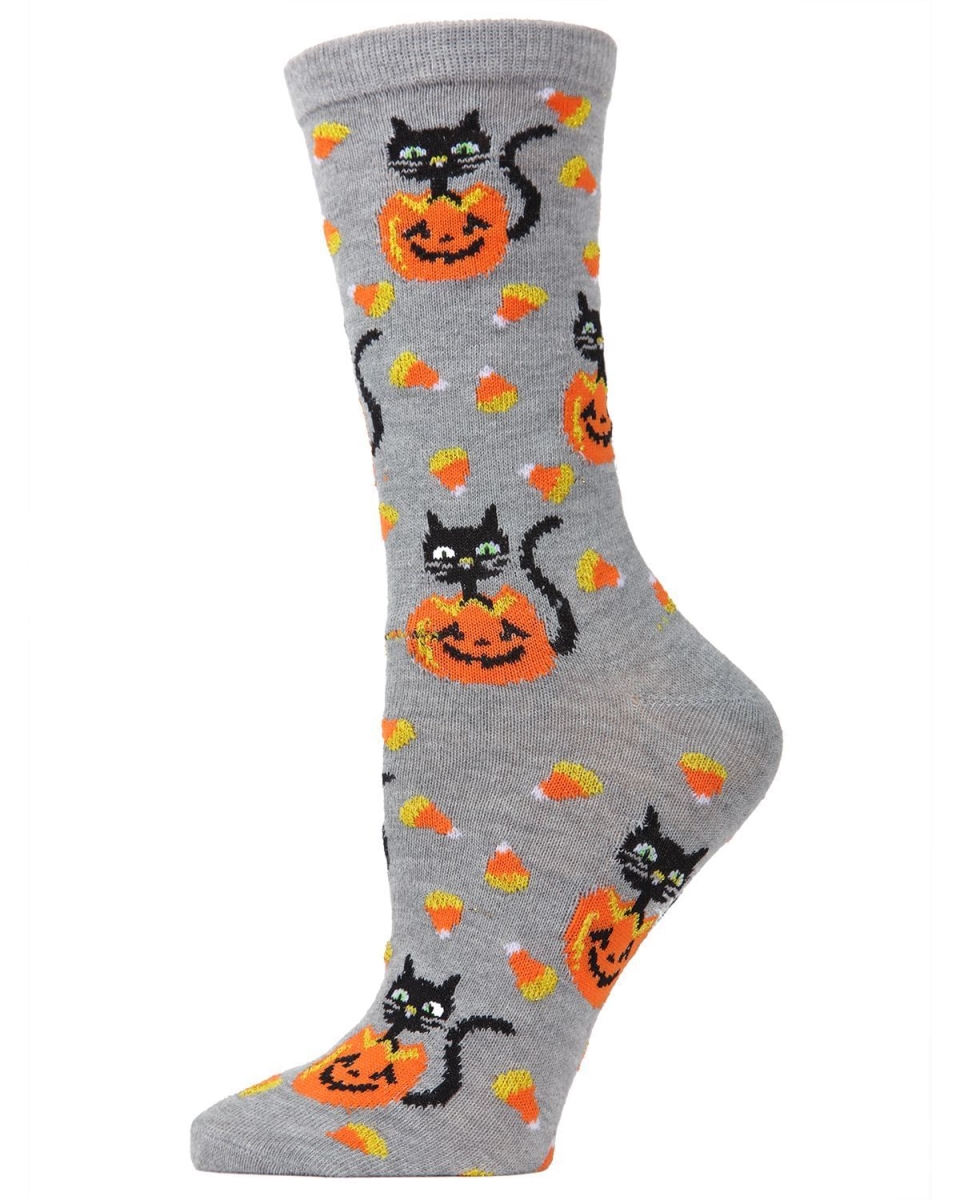 MF7-940-03003-9-11 Candy Corn Cat Crew Socks for Womens, Medium Gray Heather - Size 9-11