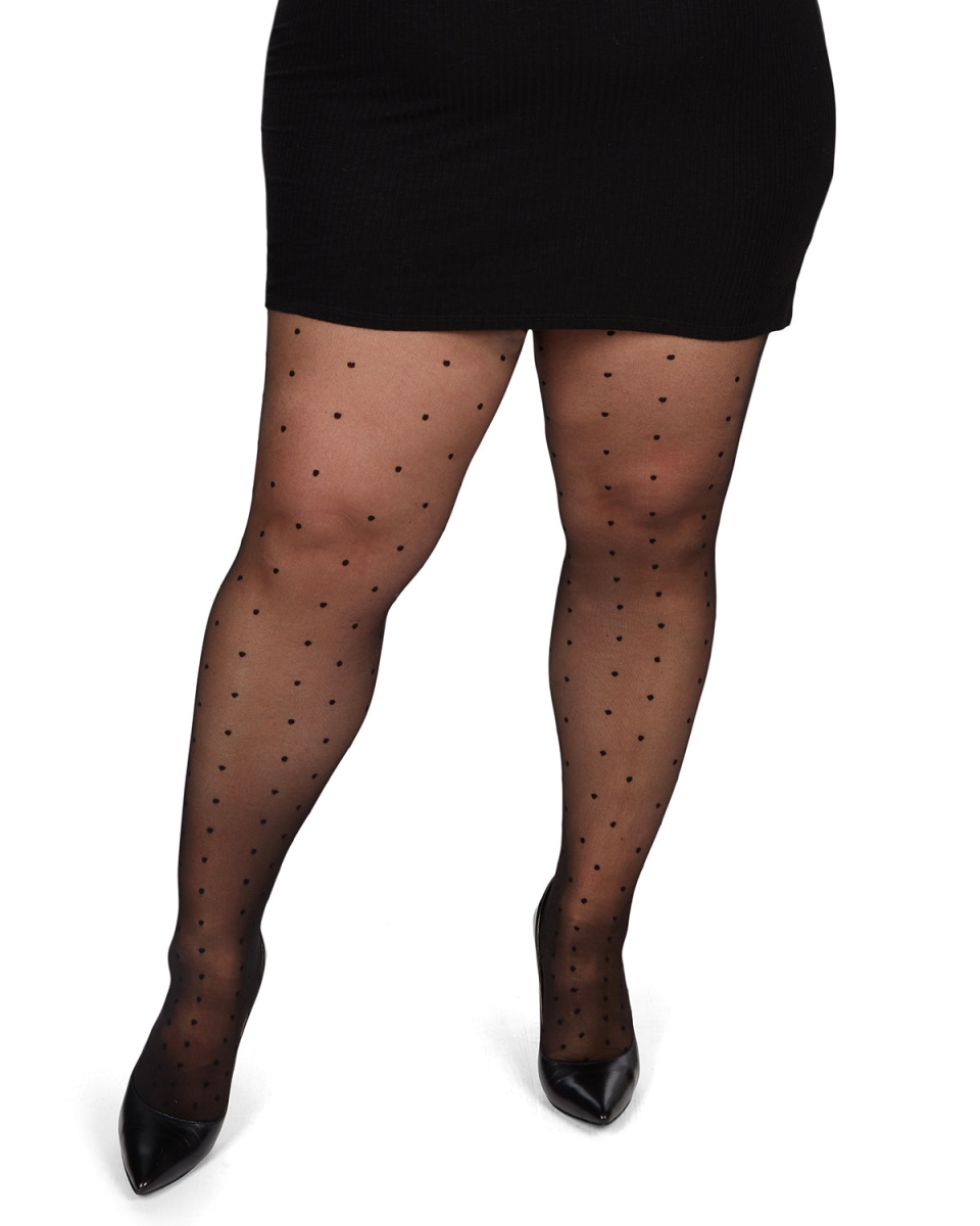 Pindot Sheer Plus Size Curvy Control Top Tights for Womens Black - 1X-2X