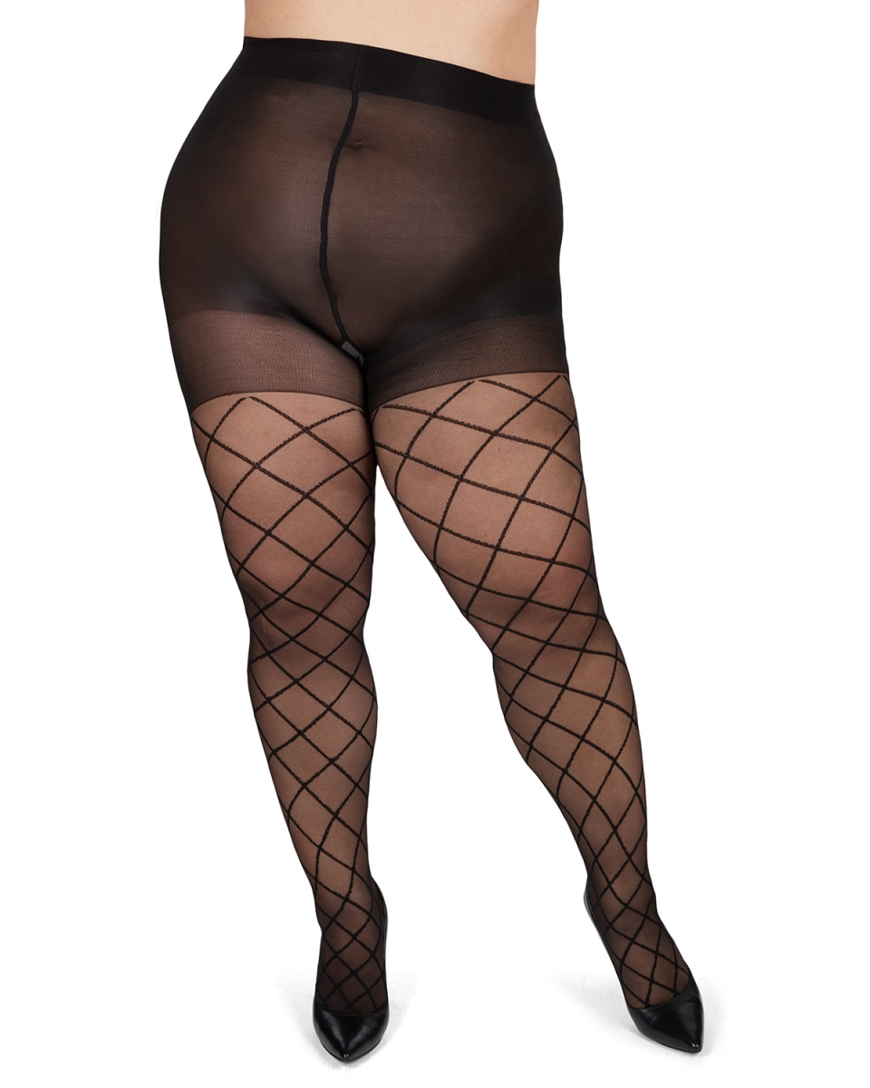 Plus Size Curvy Diamond Sheer Control Top Tights for Womens - Black - 5X-6X