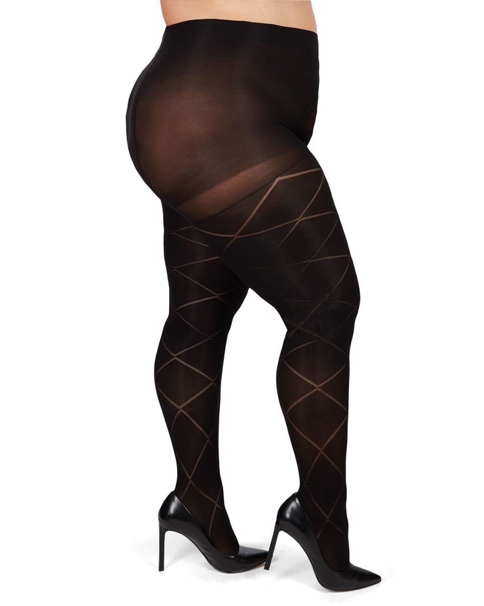 Diamond Opaque Plus Size Curvy Control Top Tights for Womens - Black - 3X-4X