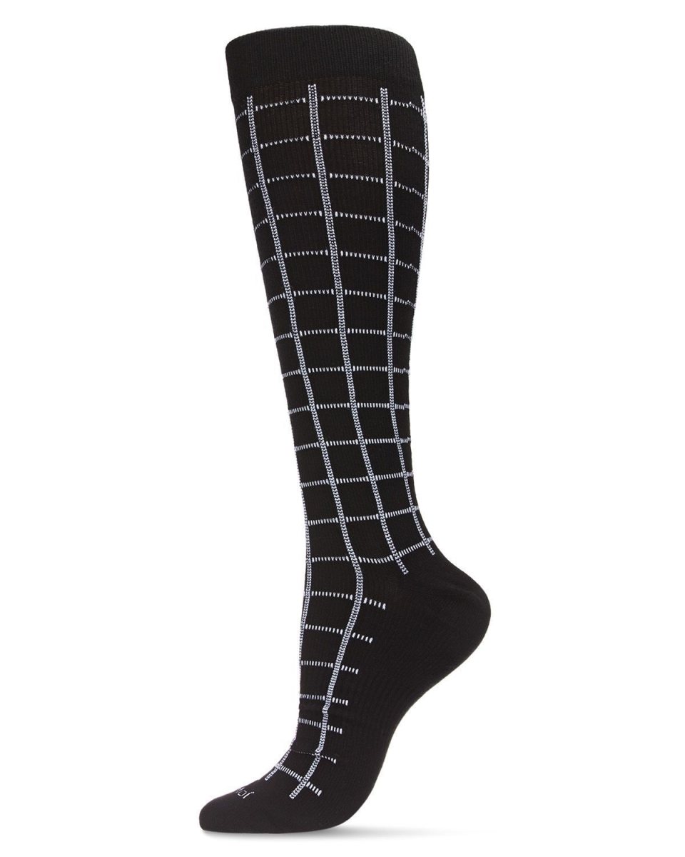 Unisex Window Pane Knee High Cotton Blend 15-20mmHg Graduated Compression Socks - Black / 9-11