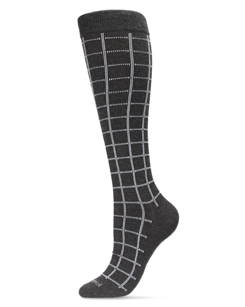 Unisex Window Pane Knee High Cotton Blend 15-20mmHg Graduated Compression Socks - Dark Gray Heather / 9-11