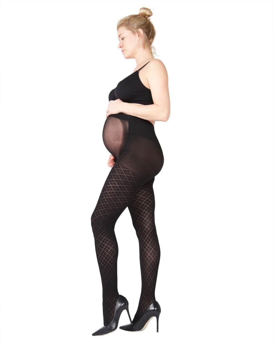 Women's Argyle Pattern Opaque Microfiber Maternity Tights - Black / Small/Medium