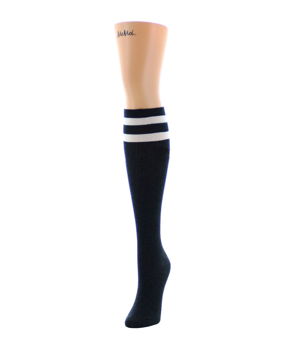 MS5-750-00001-OS Top Stripe Knee High Sock for Womens, Black - One Size