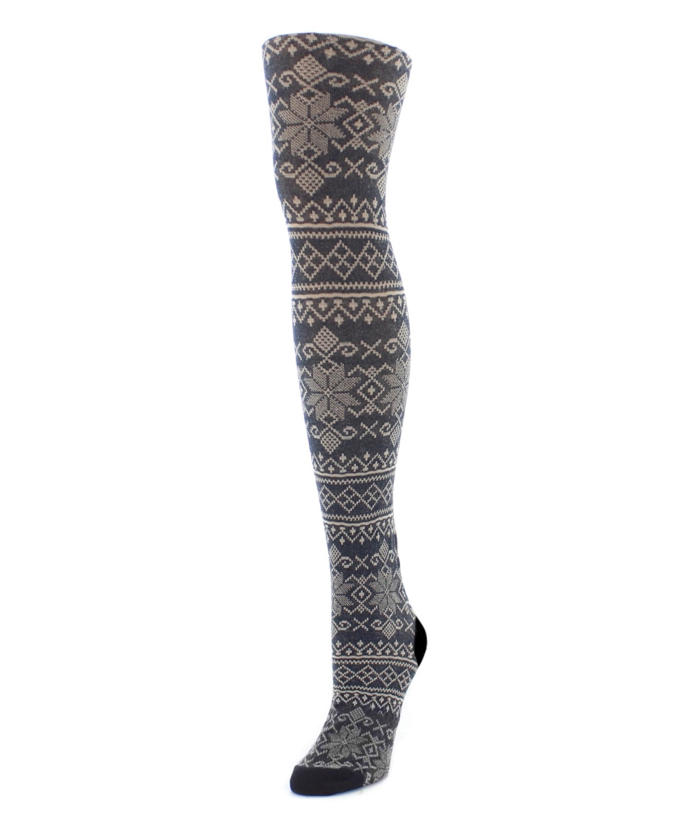 MF6-119-40121-M-L Holiday Snowflake Patterned Sweater Tights for Womens, Navy Blazer - Medium-Large