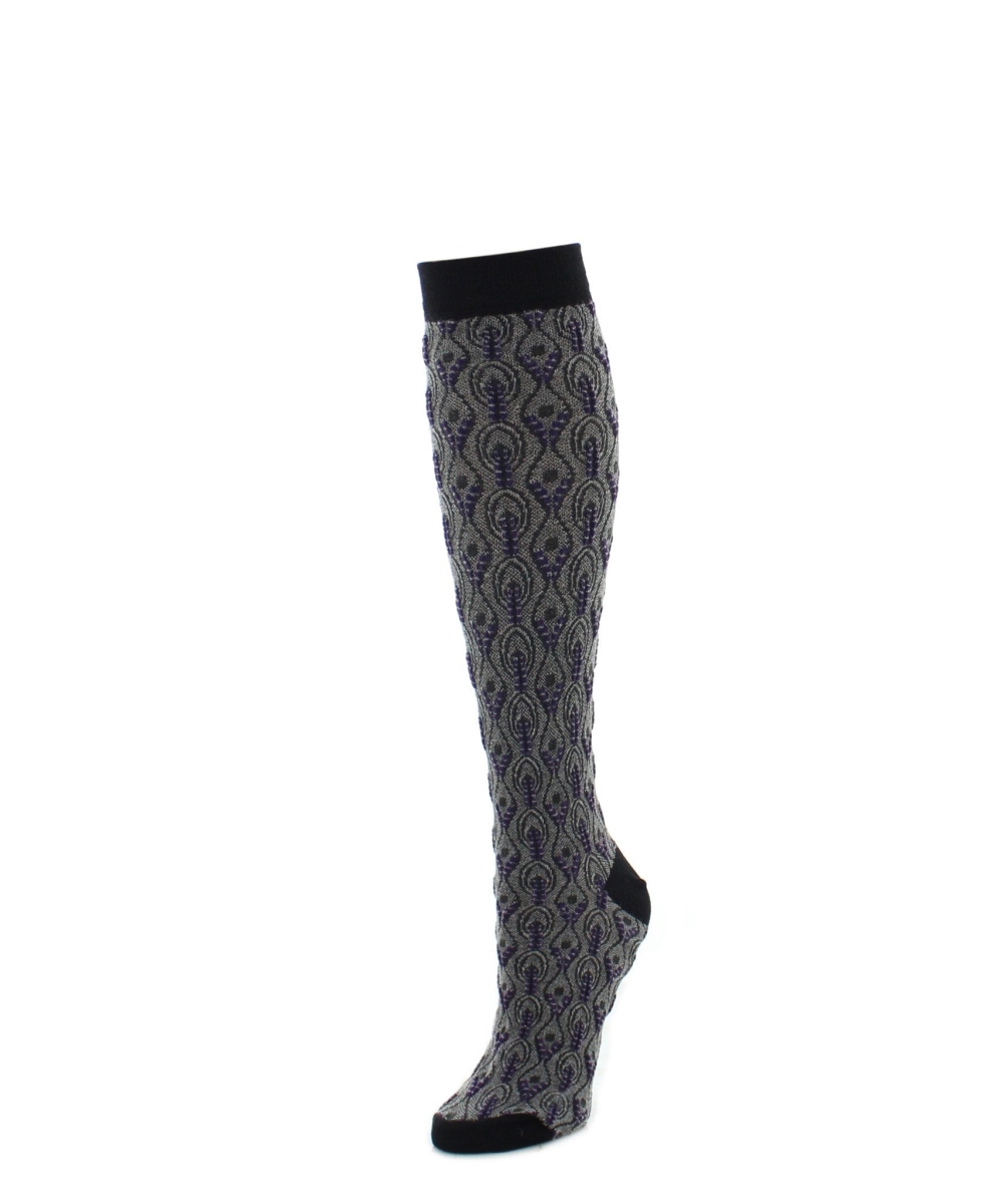 MF6-701-00001-OS Peacock Print Womens Knee High Socks, Black - One Size