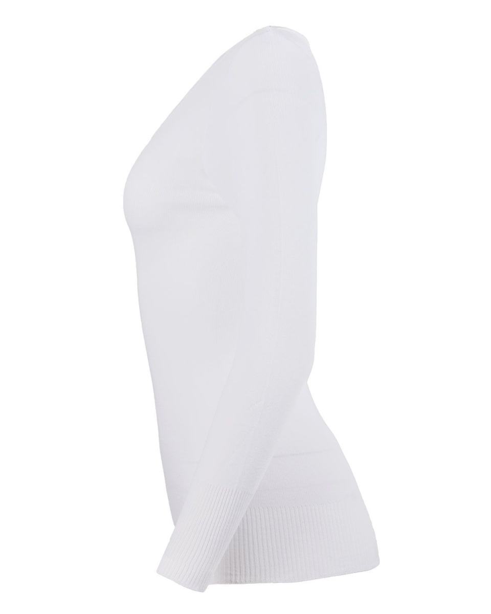 TM-405-10103-L Poly Viscose Flat Knit Long Sleeve V-Neck Top for Womens, White - Large