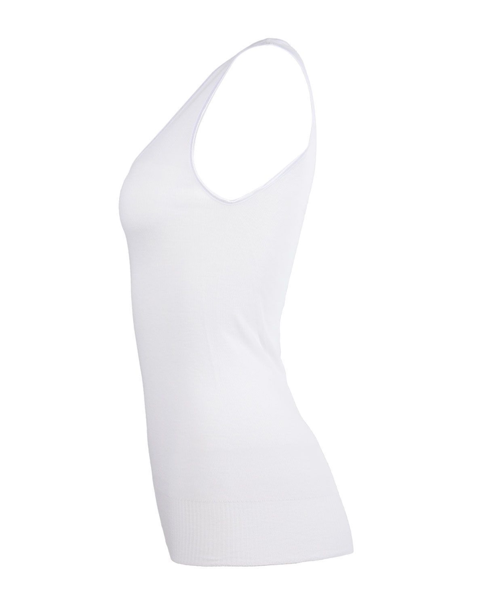 TM-406-10103-M Poly Viscose Flat Knit Round Neck Vest Top for Womens, White - Medium