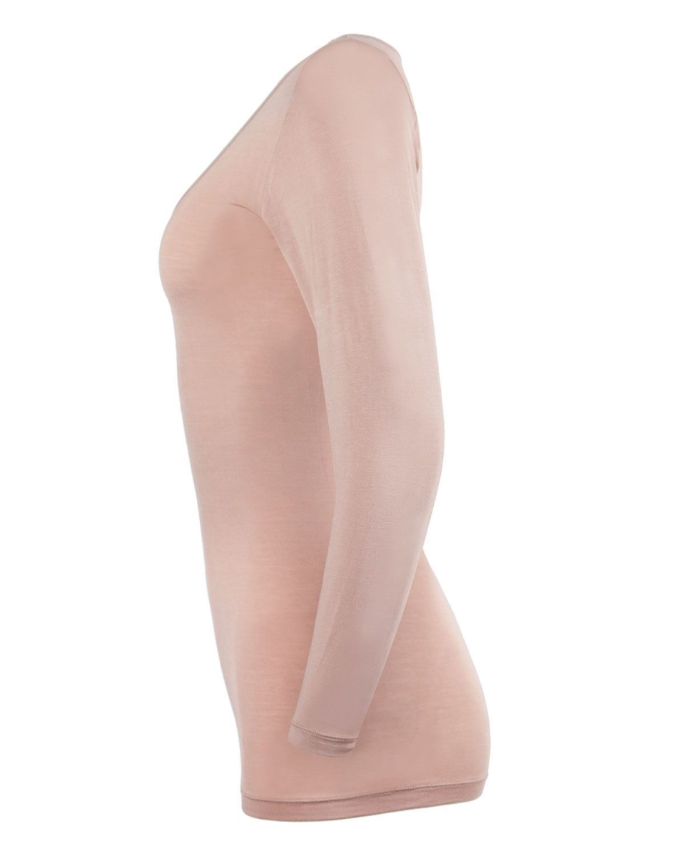 TM-409-27008-L Modal Long Sleeve Round Neck Top for Womens, Naturel - Large