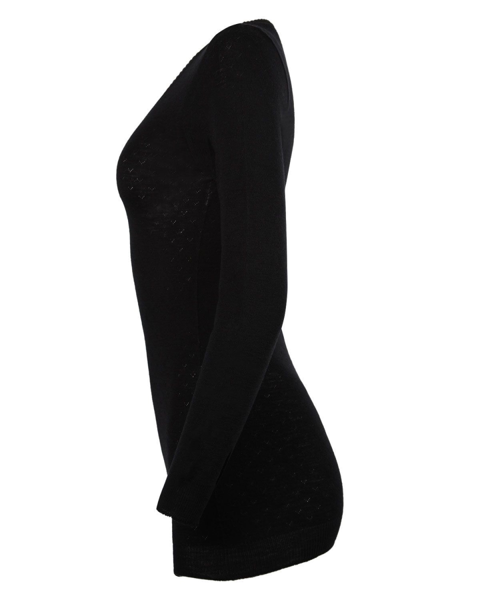 TM-412-00001-M 100 Percent Merino Wool Long Sleeve Round Neck Top for Womens, Black - Medium